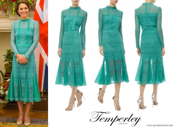 The Duchess wore Temperley London Desdemona dress from the Autumn 2016 Collection. Duchess carried her L.K. Bennett Natalie clutch