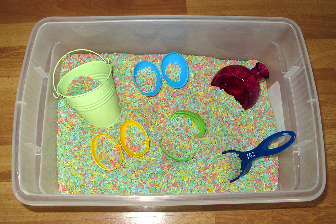 Peaceful Parenting Dying Rice/Pasta for Sensory Play or Art Projects