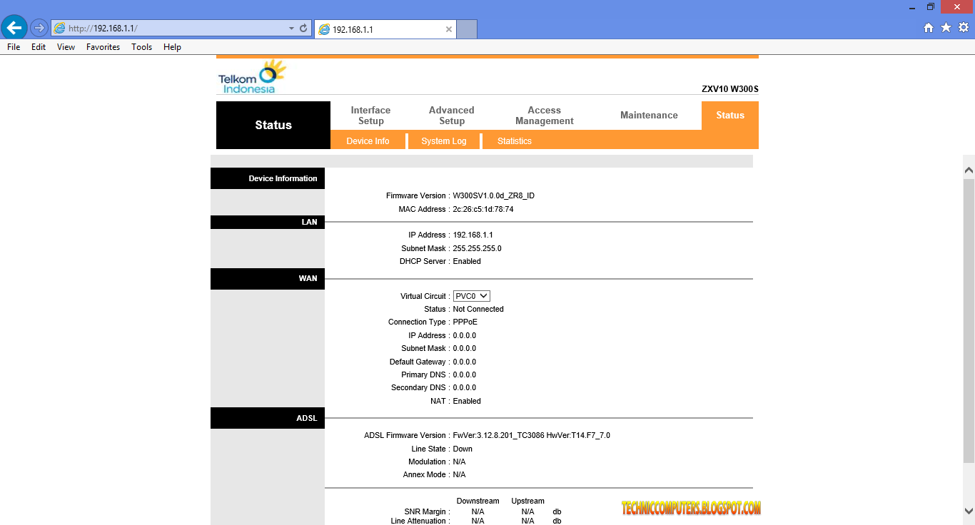 Technic Computers Cara Setting Modem ADSL ZTE ZXV10 W300S