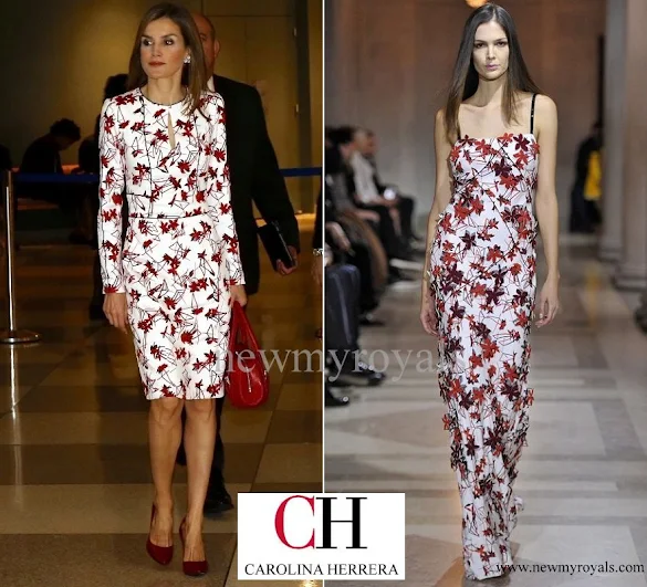 Queen Letizia wore Carolina Herrera Floral Printed Mikado Dress