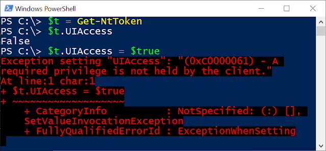 Use Get-NtToken to get token and checking UIAccess property. Then setting it to true causes an exception requesting a privilege.