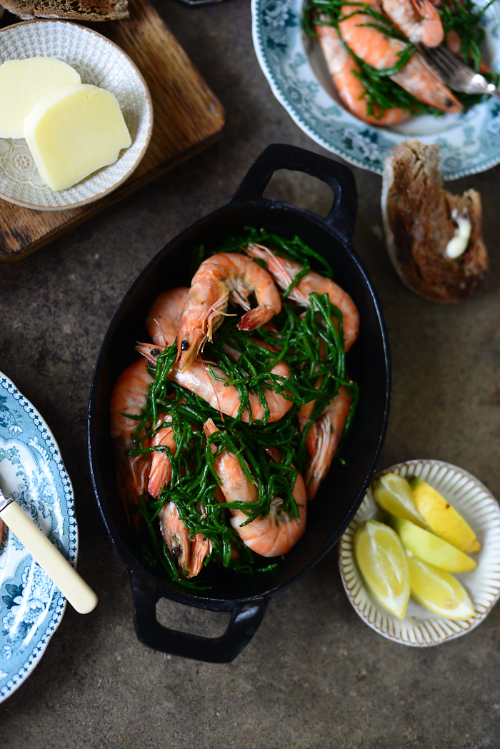 Lemon & Vanilla Samphire and Prawns with butter and mace / Salicornia