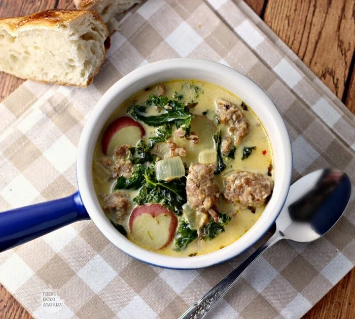 Skinny Zuppa Toscana Soup overhead view with bread