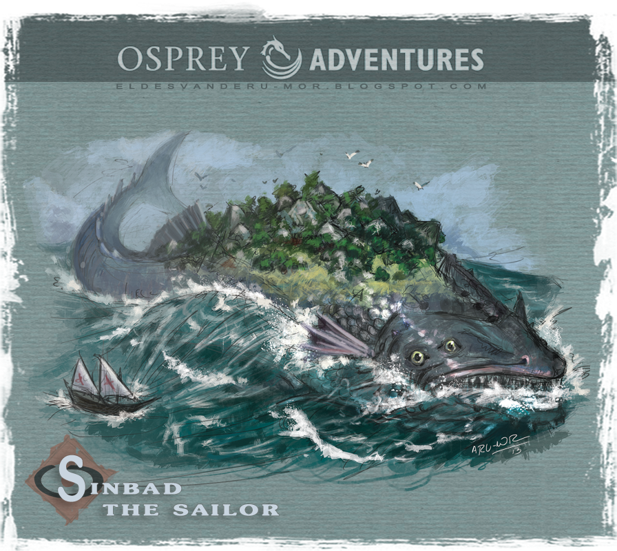 Concept art or sketch of the big fish-isle of the first voyage of Sinbad illustrated by RU-MOR for OSPREY Publishing