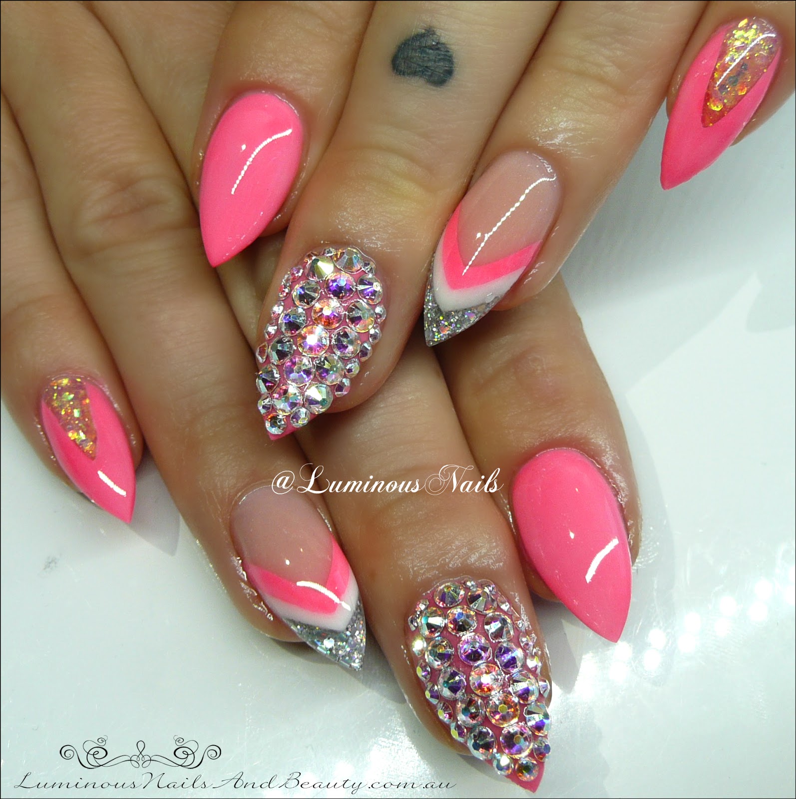 luminous nails: neon pink, white & silver acrylic nails with