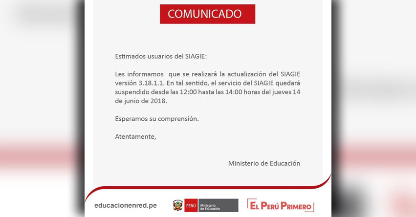 SIAGIE COMUNICADO: Suspensión del Servicio Jueves 14 de Junio - MINEDU - www.siagie.minedu.gob.pe SIAGIE COMUNICADO: Suspensión del Servicio Jueves 14 de Junio - MINEDU - www.siagie.minedu.gob.pe
