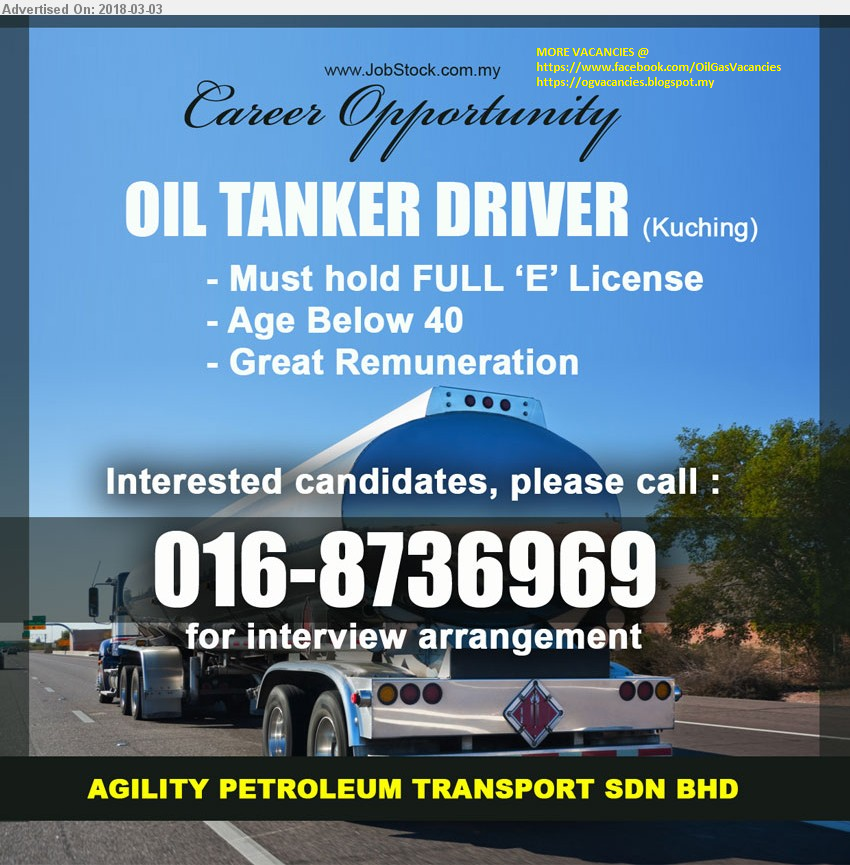 Oil &Gas Vacancies OIL TANKER DRIVER KUCHING