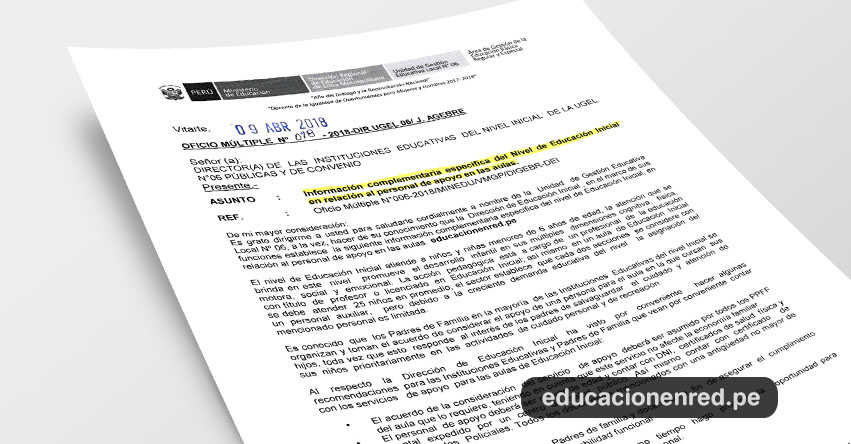 OFICIO MÚLTIPLE N° 098-2018-DIR.UGEL06/J.AGEBRE - Sobre personal de apoyo en las aulas del Nivel de Educación Inicial - www.ugel06.gob.pe OFICIO MÚLTIPLE N° 098-2018-DIR.UGEL06/J.AGEBRE - Sobre personal de apoyo en las aulas del Nivel de Educación Inicial - www.ugel06.gob.pe
