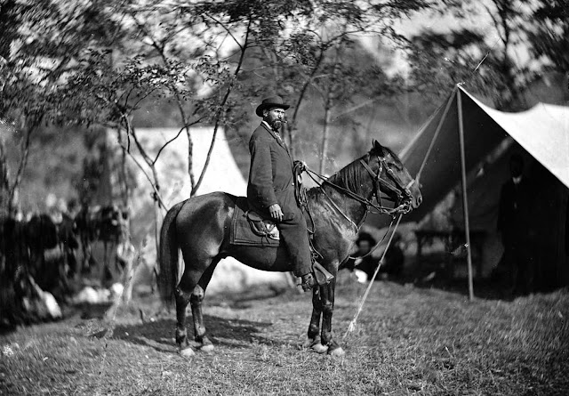 This September 1862 photo provided by the Library of Congress shows Allan Pinkerton on horseback during the Battle of Antietam, near Sharpsburg, Maryland. Before the outbreak of war, he had founded the Pinkerton National Detective Agency. In 1861, he famously foiled an alleged plot to assassinate president-elect Lincoln, and later served as the head of the Union Intelligence Service -- the forerunner of the U.S. Secret Service.