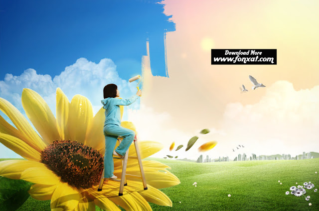  FREE PSD download : Girl design stands for the flower color of the sky