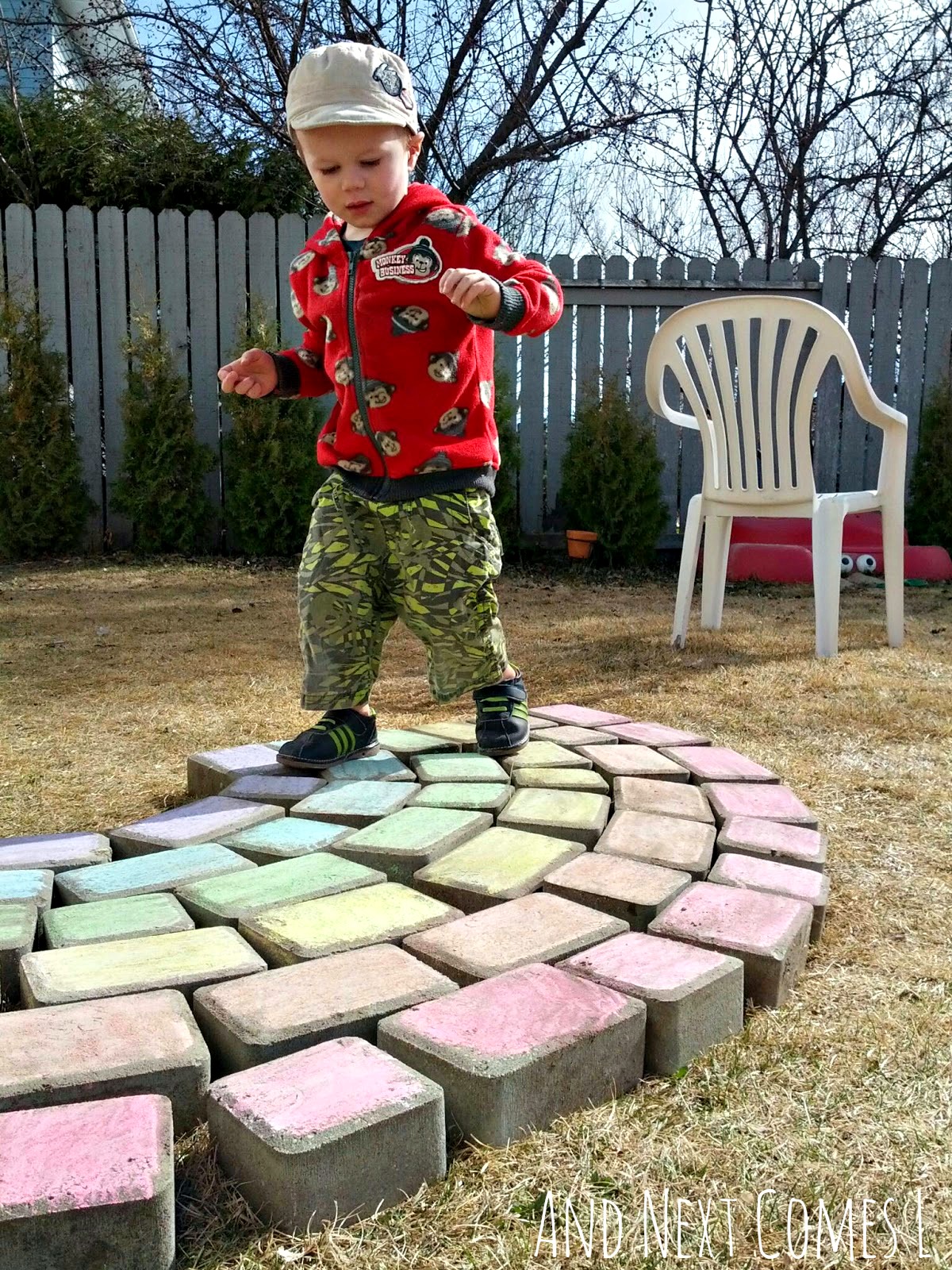 Naming the colors of the rainbow with a giant chalk rainbow from And Next Comes L