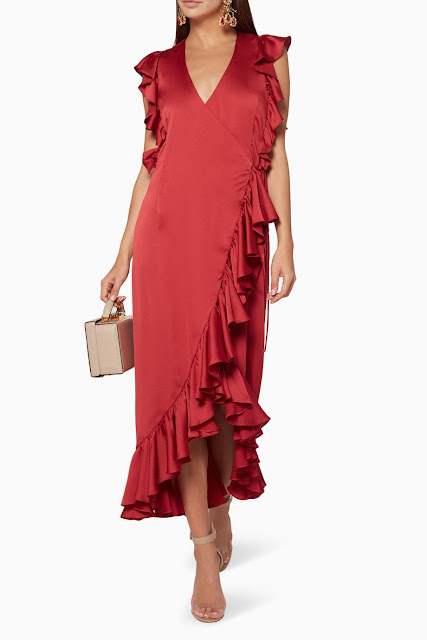 Red Anna Ruffle Wrap Midi Dress 975 AED Red Anna Ruffle Wrap Midi Dress 975 AED