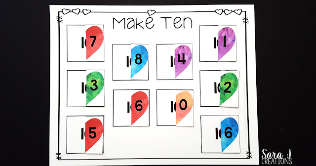 Hearts Make Ten Game is the perfect FREEBIE for practicing combinations of numbers that add up to 10. Ideal for #kindergarten #mathcenters #sarajcreations