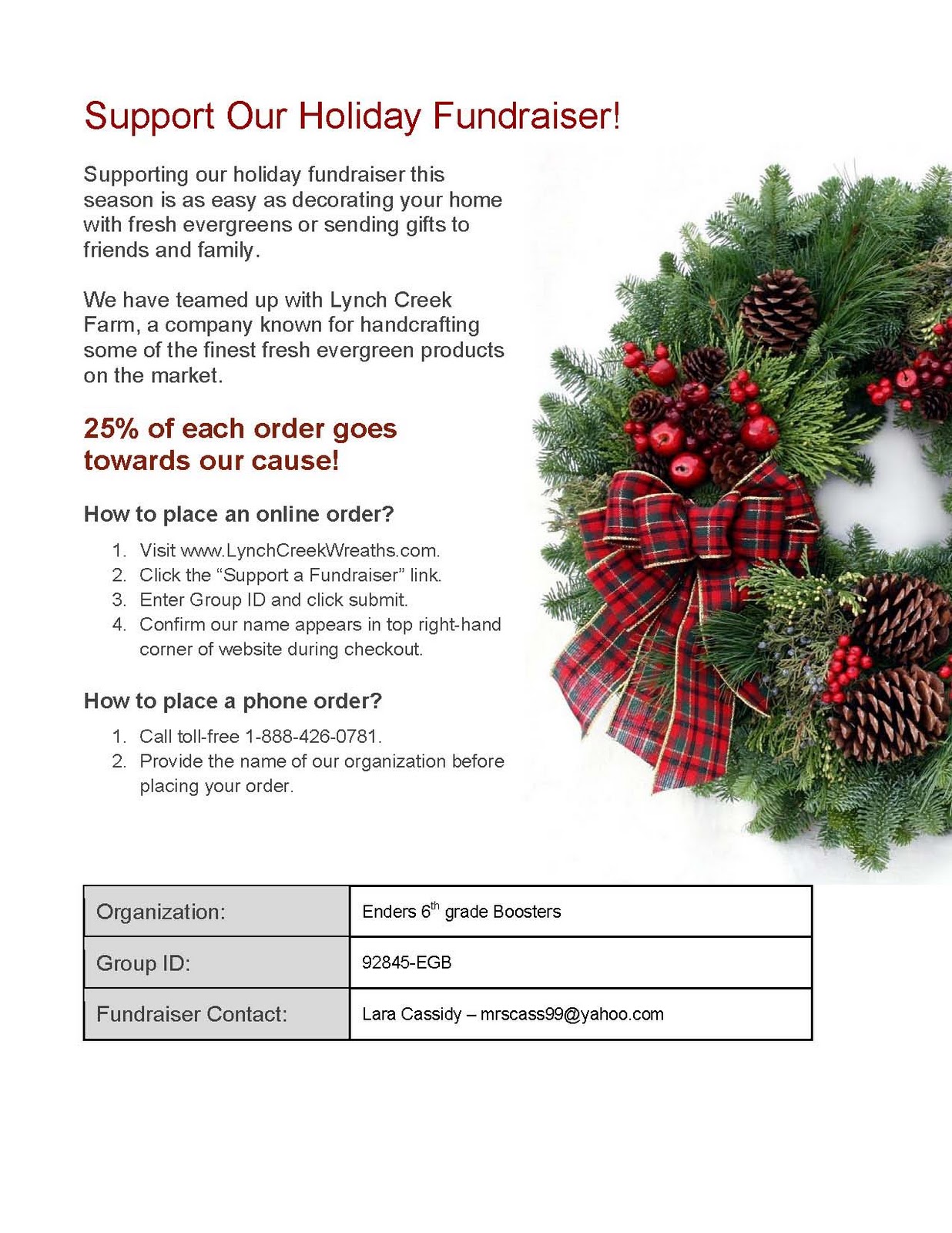 6th Grade Boosters 2012 Fresh Wreath Fundraiser