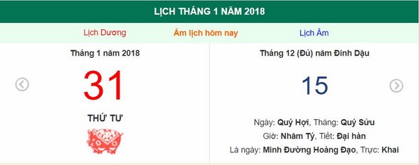 Xem ngày tốt xấu, giờ hoàng đạo - Xem lịch Thứ Tư ngày 31 tháng 1 năm 2018 Xem ngày tốt xấu, giờ hoàng đạo - Xem lịch Thứ Tư ngày 31 tháng 1 năm 2018