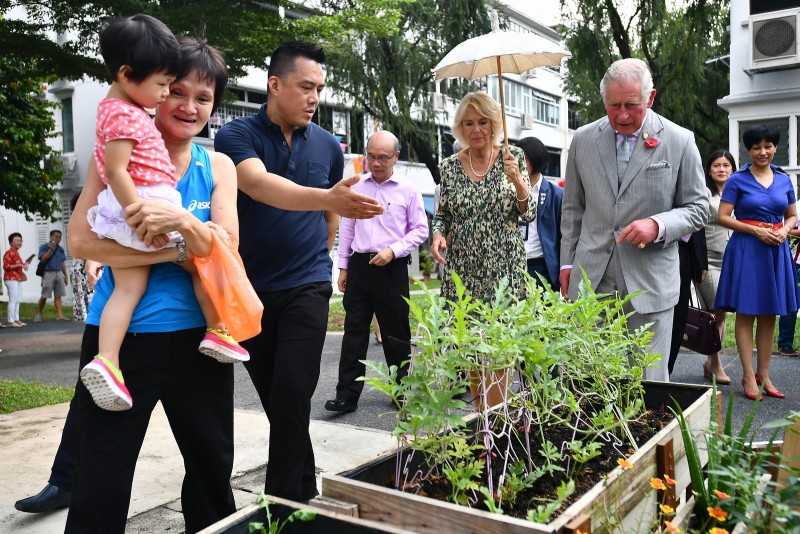 Prince Charles and Duchess Camilla at Tiong Bahru estate's herbal garden.