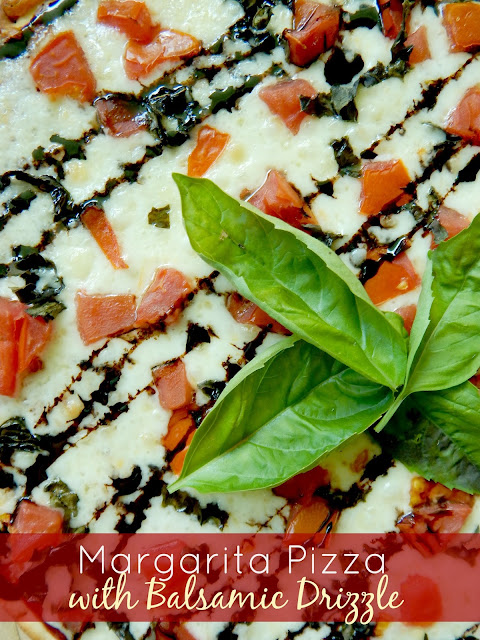 margarita pizza with balsamic drizzle (sweetandsavoryfood.com)