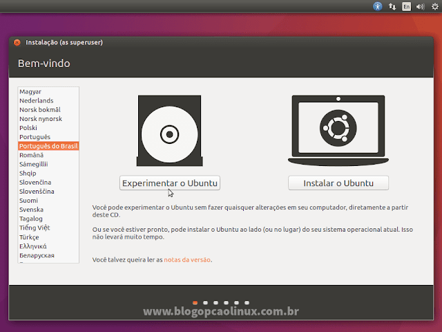 Selecione o idioma e clique em "Experimentar Ubuntu"