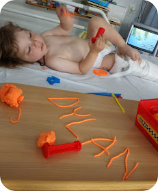playdough, toddler in traction, typical day in hospital, toddler broken leg