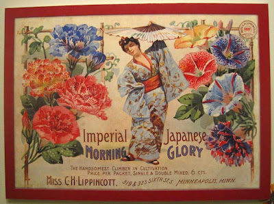 Litho of Japanese woman in kimono with many colored morning glories