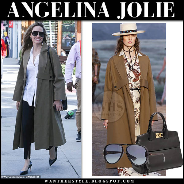 Angelina Jolie in khaki green trench coat with black leather bag
