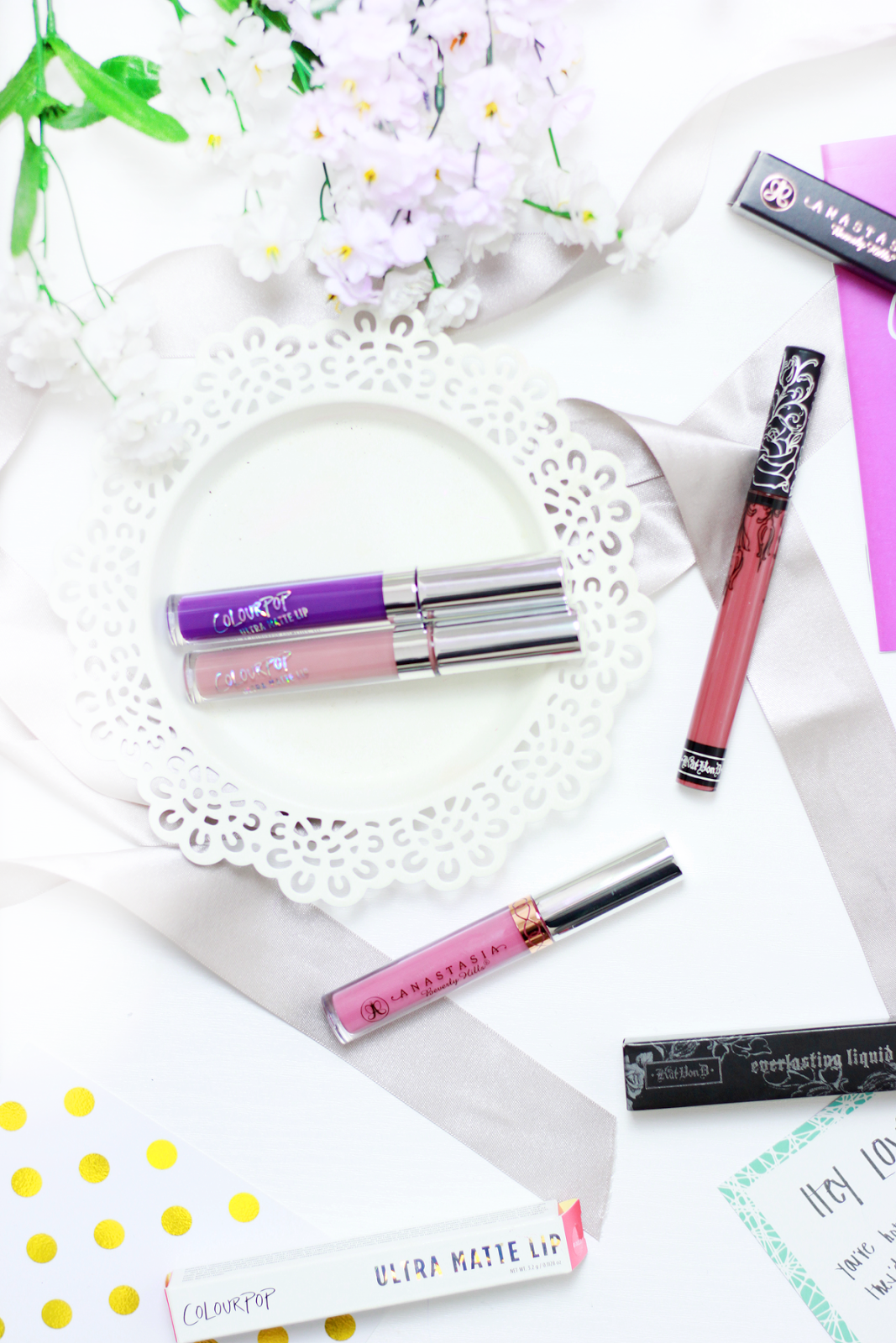 Liquid Lipstick Haul with GoSend An image of Anastasia Beverly Hills Soft Lilca, ColourPop Trap, Bedazzled, Kat Von D Lolita