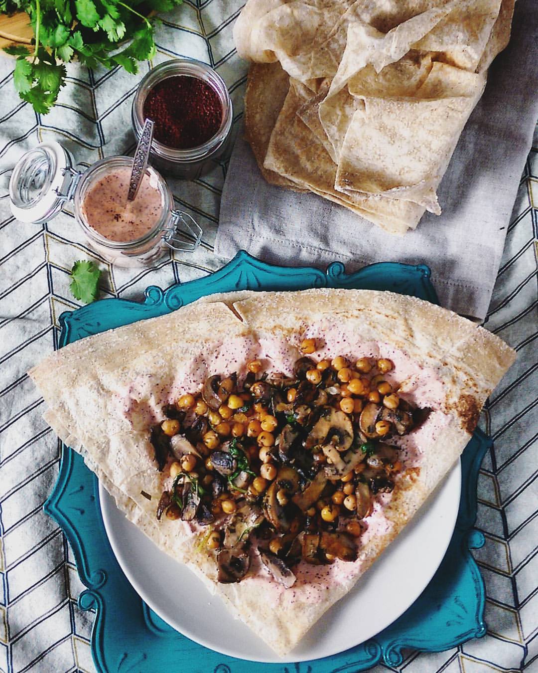 Markouk, Chickpeas, & Mushrooms with Sumac Spiced Yogurt
