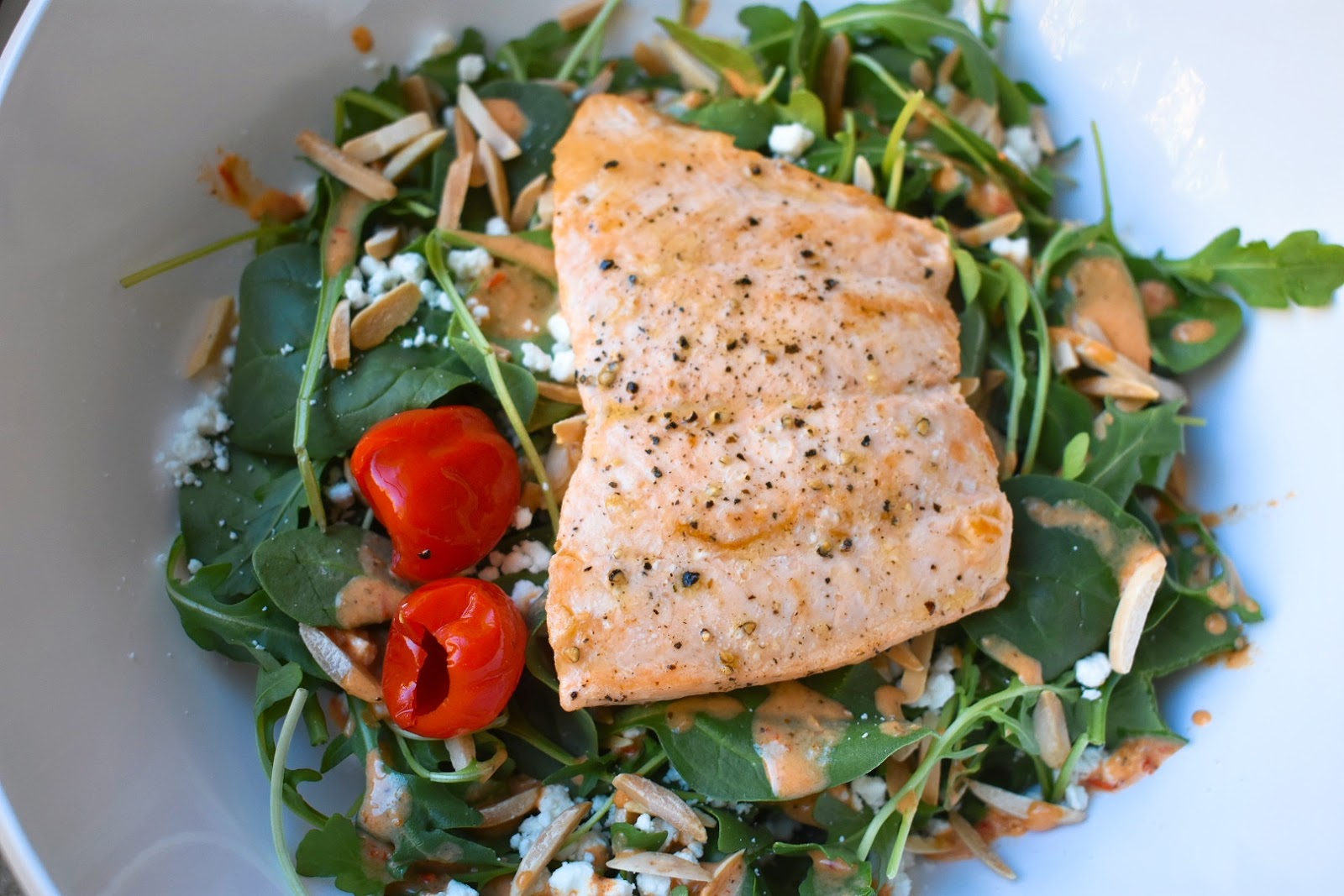 Arugula Salad with Salmon, Goat Cheese and Peppadew Pepper Vinaigrette Chef Jen