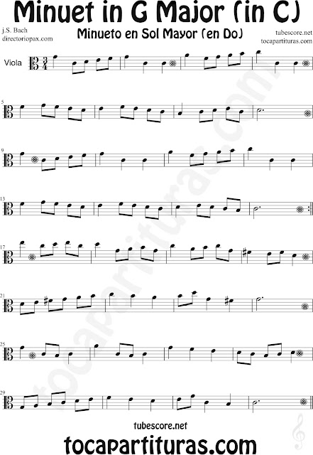  Partitura del Minueto en Do Mayor (para duo con piano) de Bach para Viola Minuet in C Major Sheet Music for Viola by Bach Music Scores