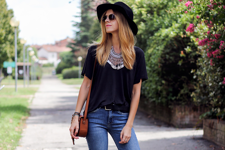 flare jeans, bohemian statement necklace, fashion blog, street style