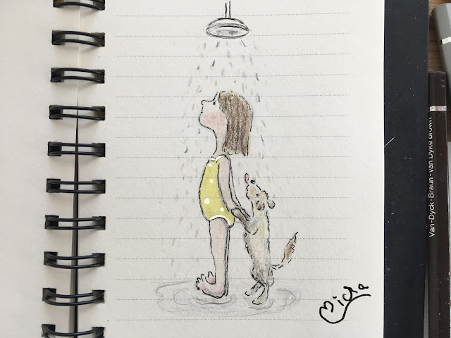 Kleines Mädchen, in gelben Badeanzug, steht mit ihrem Hund unter der Dusche.Zeichnung aus dem Skizzenbuch
