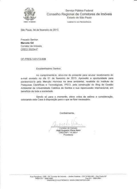 CARTA DE RECONHECIMENTO ENCAMINHADA PELO PRESIDENTE DO CRECI/SP PARA MARCELO GIL - 2013