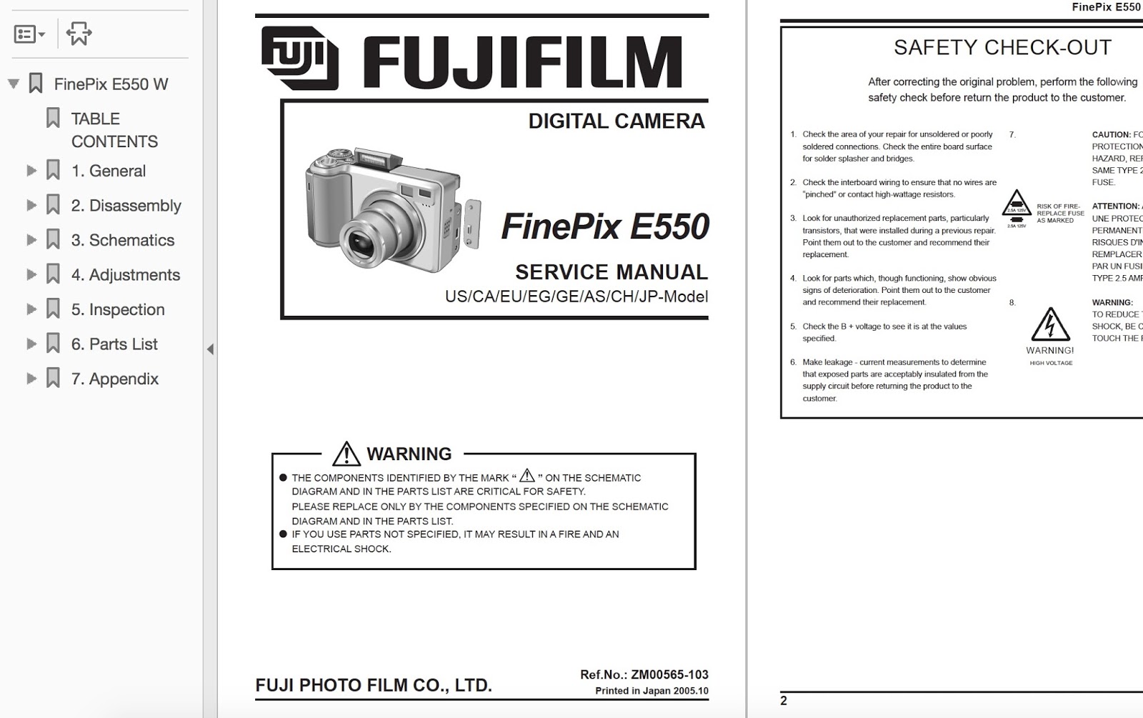 FUJIFILM FinePix E550 Digital Camera Service Repair Manual