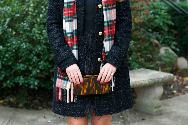 Plaid Scarf and Feathered Dress