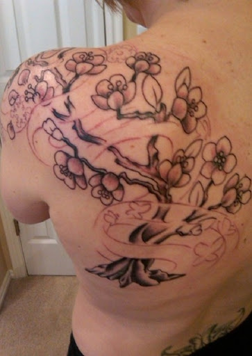 Mágico, à procura da flor de cerejeira tatuagem nas costas. As flores de cerejeira são marcadas apenas com a linha de arte e muito leve sombreamento assim dando realmente um toque macio. Você também pode ver o vento envolvente, os ramos e as flores. (Foto: Fontes de imagem)