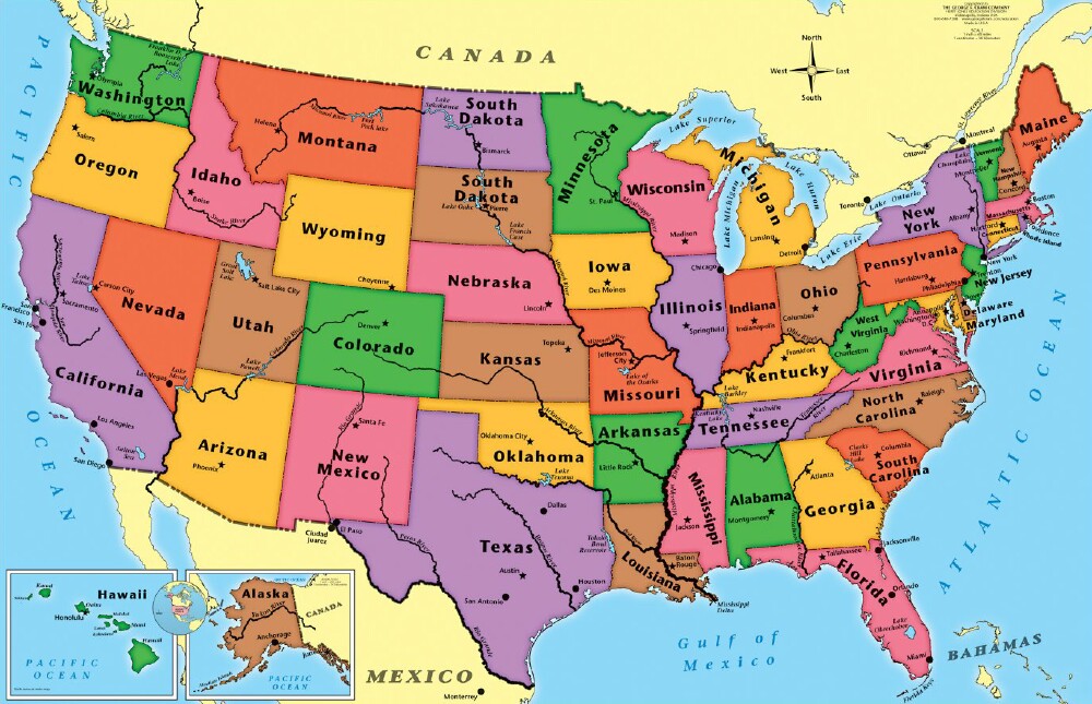 Штаты сша карта с названиями. Карта США со Штатами. 50 Штатов Америки на карте. Политическая карта Штатов США. Карта Америки со Штатами и столицами Штатов.