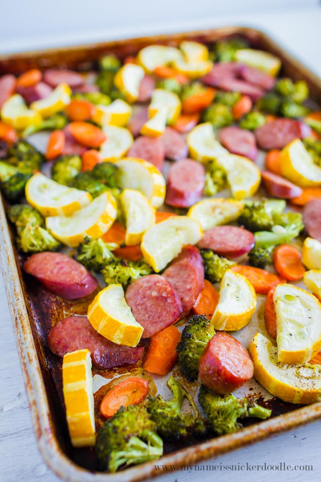 This dinner of Roasted Vegetables and Sausage comes together in under 30 minutes from start to finish! 