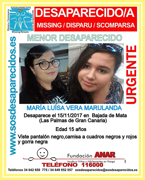 Una menor, María Luisa Vera Marulanda, de 15 años desaparecida en Las Palmas de Gran Canaria