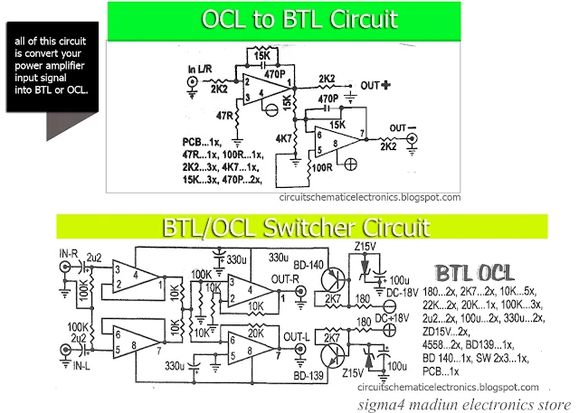 BTL OCL power amplifier input output