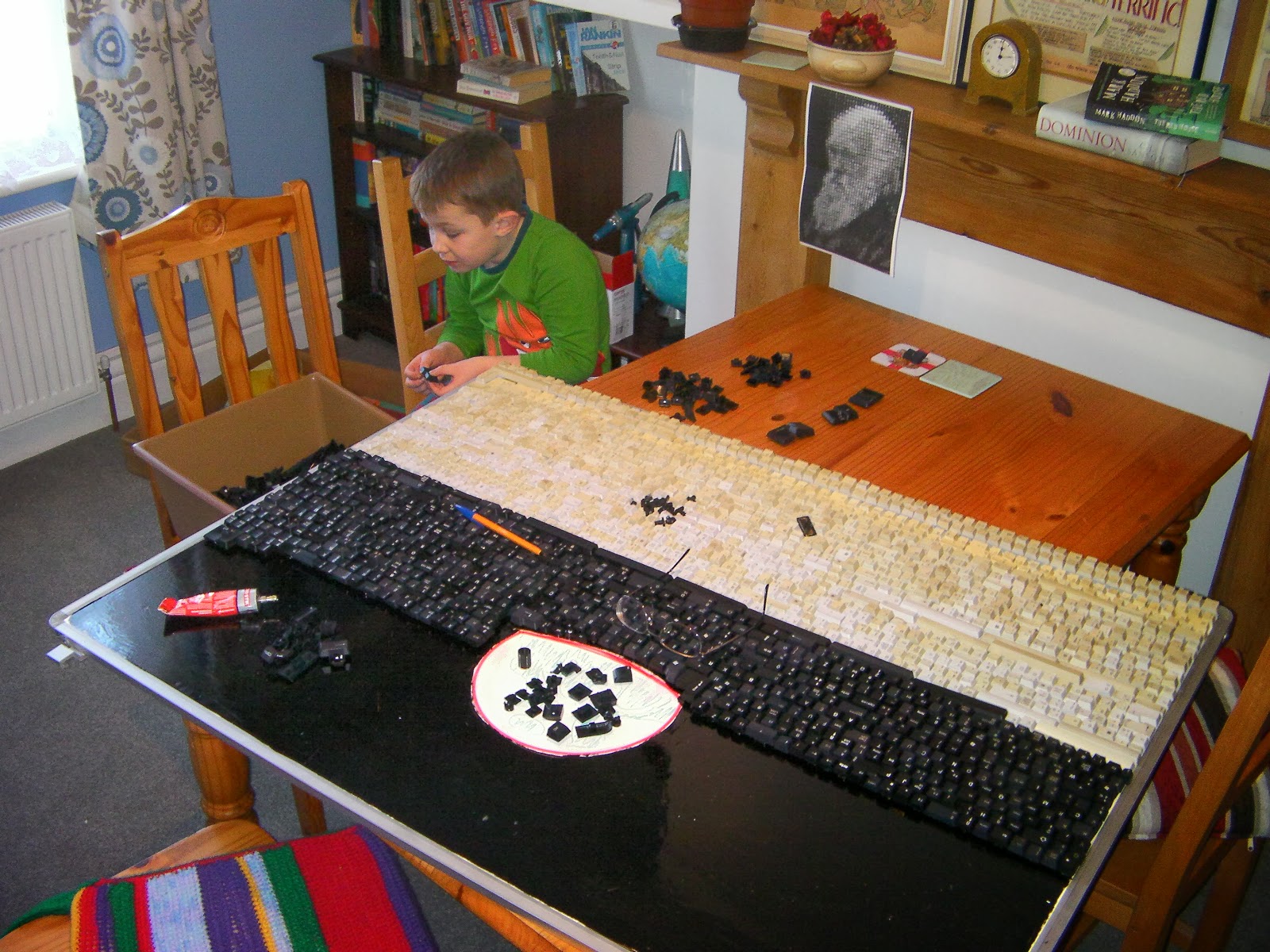 mosaic keyboard keys earthrise picture boy with b+q glue and computer keyboard keys