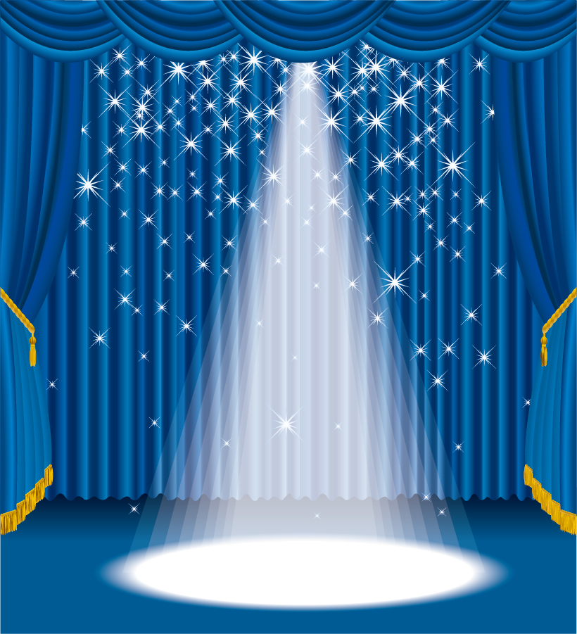 Free Vector がらくた素材庫 スポットライトが輝く青いカーテンのステージ Focus Spotlight Curtain Opening Stage イラスト素材