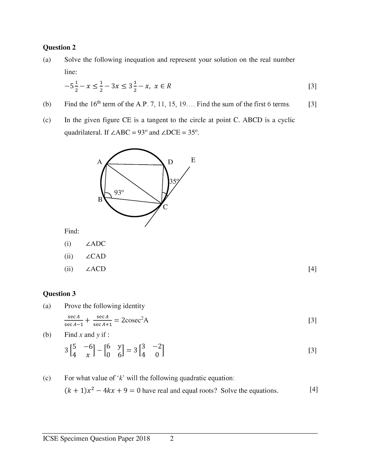 icse 2018 10TH class Mathematics sample question paper ICSE 2018 class 10th Mathematics specimen question paper