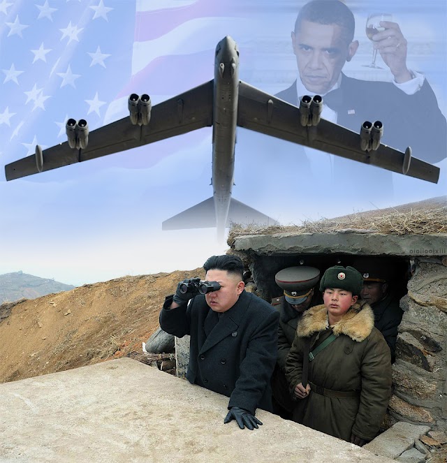 A B-52 bomber looms over an unsuspecting Kim Jong-Un. Above it an American flag, and Obama toasts to North Korea's complete and utter annihilation