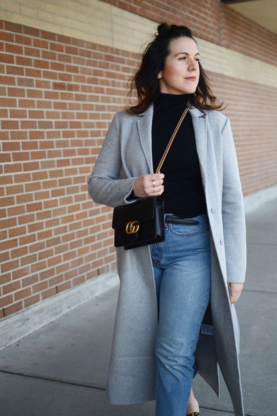 Gucci Marmont bag vancouver blogger outfit grey wool Tom Taylor coat Sears levis wedgie jeans