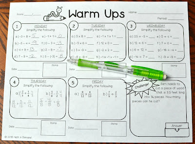 7th grade math warmups