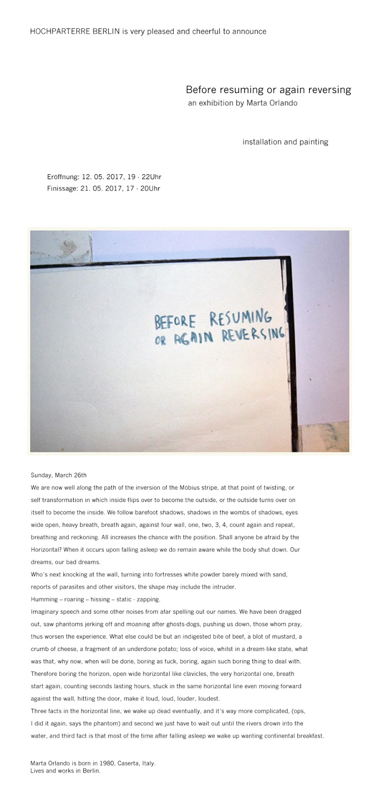 berfor resuming or again reversing exibition by marta orlando