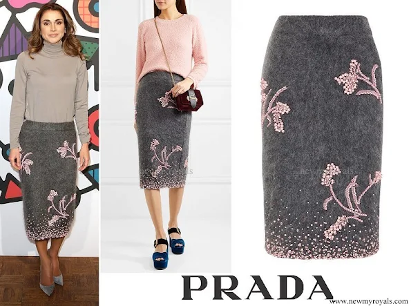 Queen Rania wore PRADA Embellished mohair blend pencil skirt