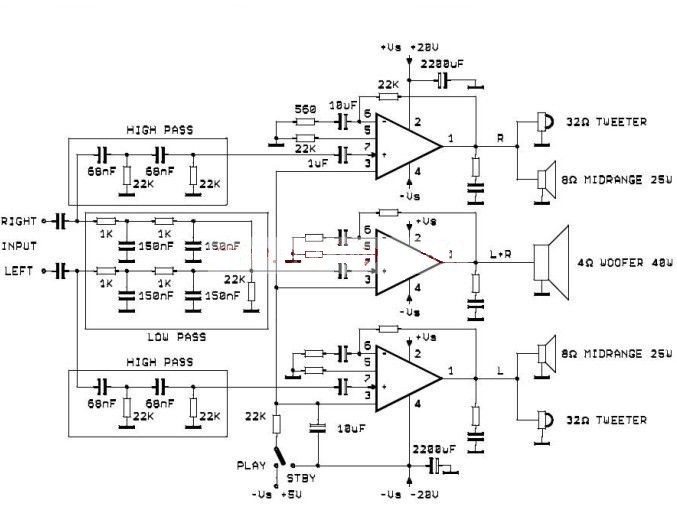 TDA2052 Active Audio System | Electronic Circuits Diagram