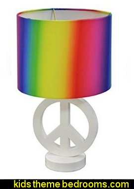 Arctic White Peace Sign Table Lamp with Rainbow Drum Shade Groovy Funky Retro Bedroom Pictures - 60s style theme decorating - 70s theme decorating - Funky Flower Power Bedrooms - 70's Theme Decor - 70s theme bedroom decorating - Psychedelic Tie Dye Hippie Hippy style flower power era Arctic White Peace Sign Table Lamp with Rainbow Drum Shade
