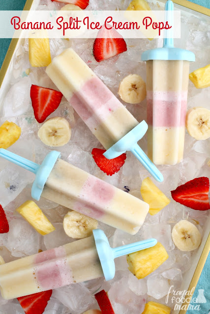 These cool & creamy Banana Split Ice Cream Pops are made with just 3 simple ingredients- vanilla ice cream, cold milk, & fresh fruit. A perfect frosty treat for summertime!